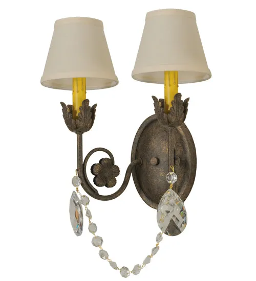 12"W Antonia 2 Lt W/Crystals & Fabric Shades Victorian Wall Sconce