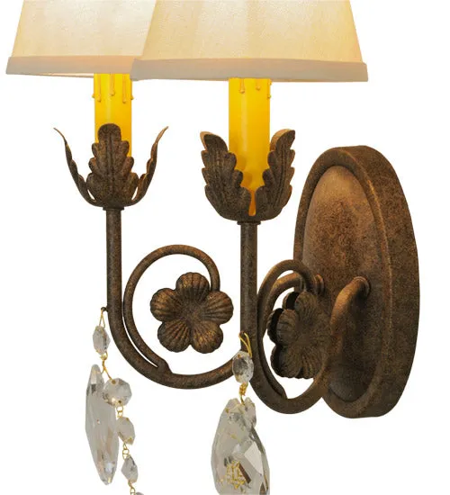 12"W Antonia 2 Lt W/Crystals & Fabric Shades Victorian Wall Sconce
