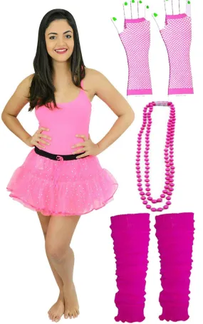 1980'S NEON UV hen party costume pink sequin tutu gloves leg warmers beads