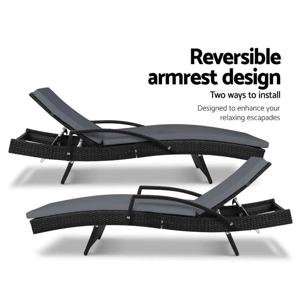 2x Outdoor Sun Lounge Chair with Cushion Sunbed Day Bed Lounger Black