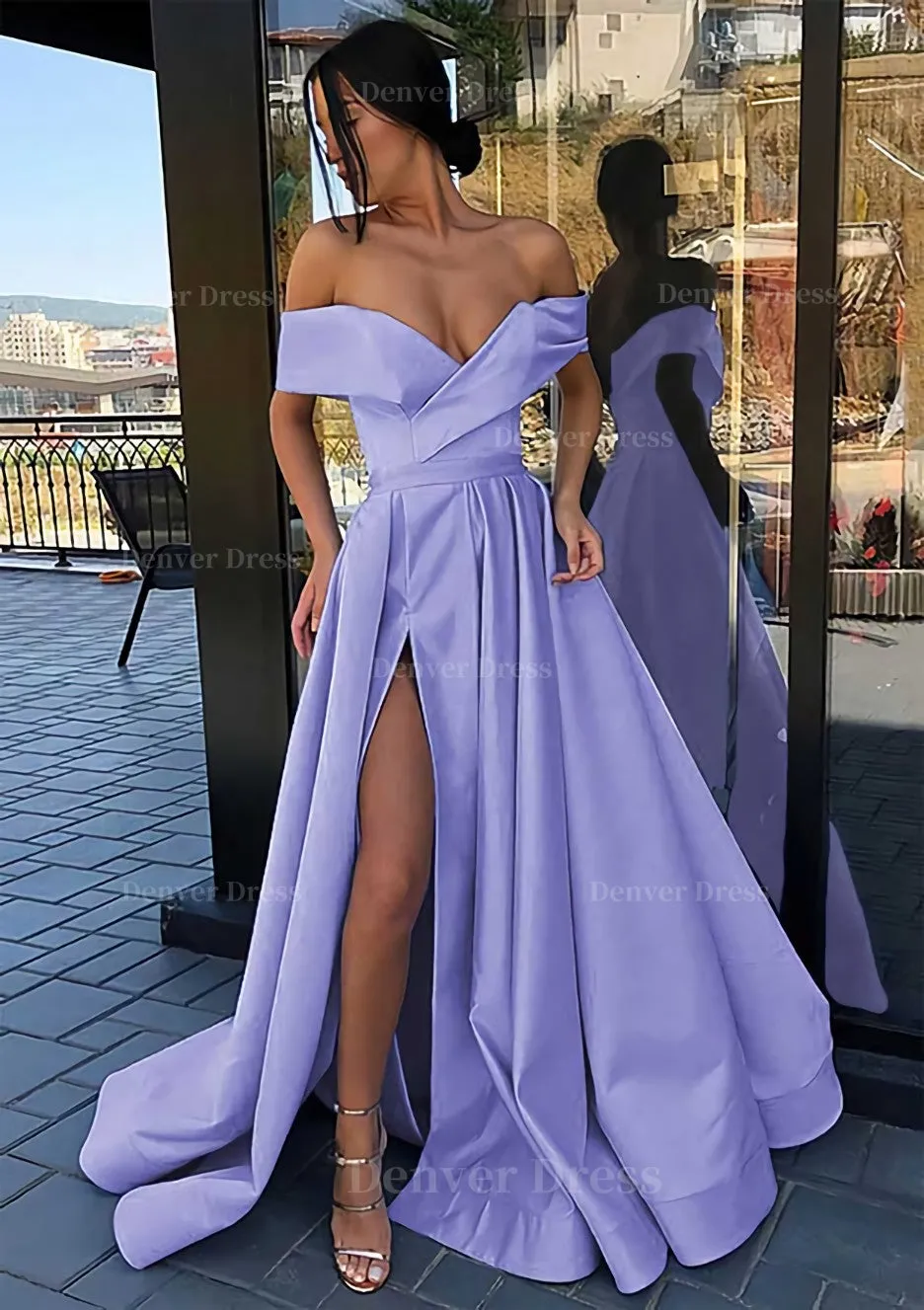 A-line Off-the-Shoulder Cap Straps Sweep Train Satin Prom Dress With Pleated Split