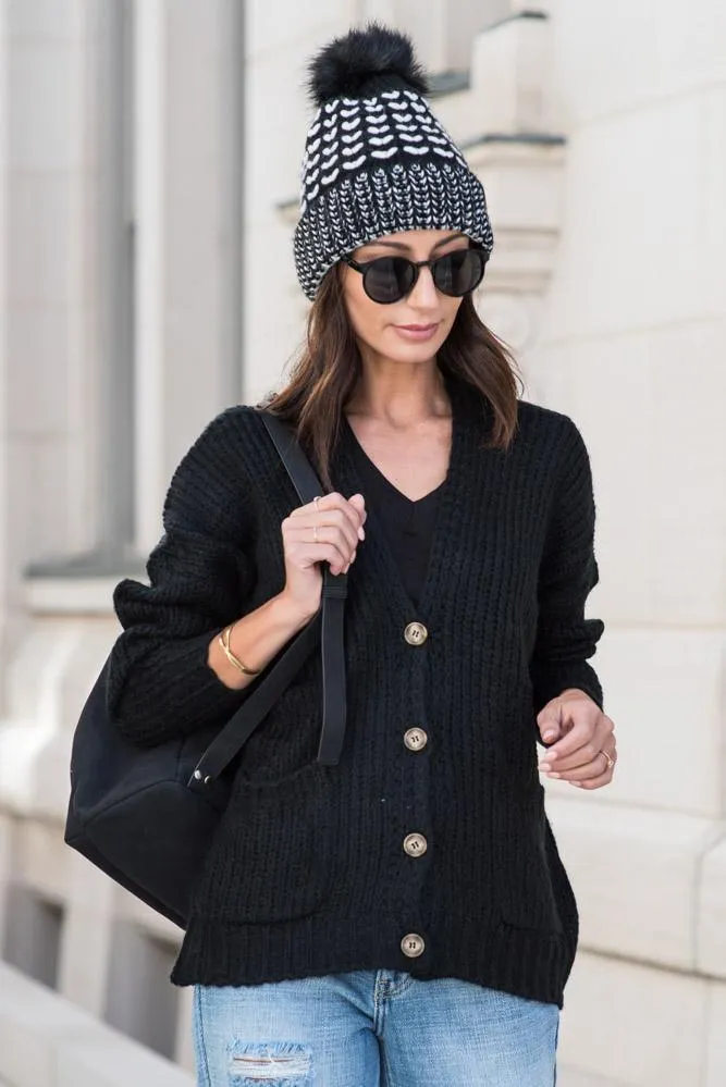 Amber Button Front Cardigan in Black - FINAL SALE
