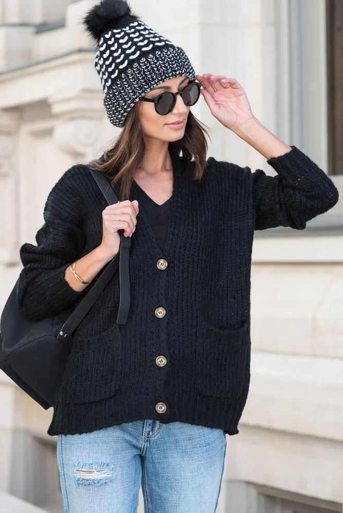 Amber Button Front Cardigan in Black - FINAL SALE