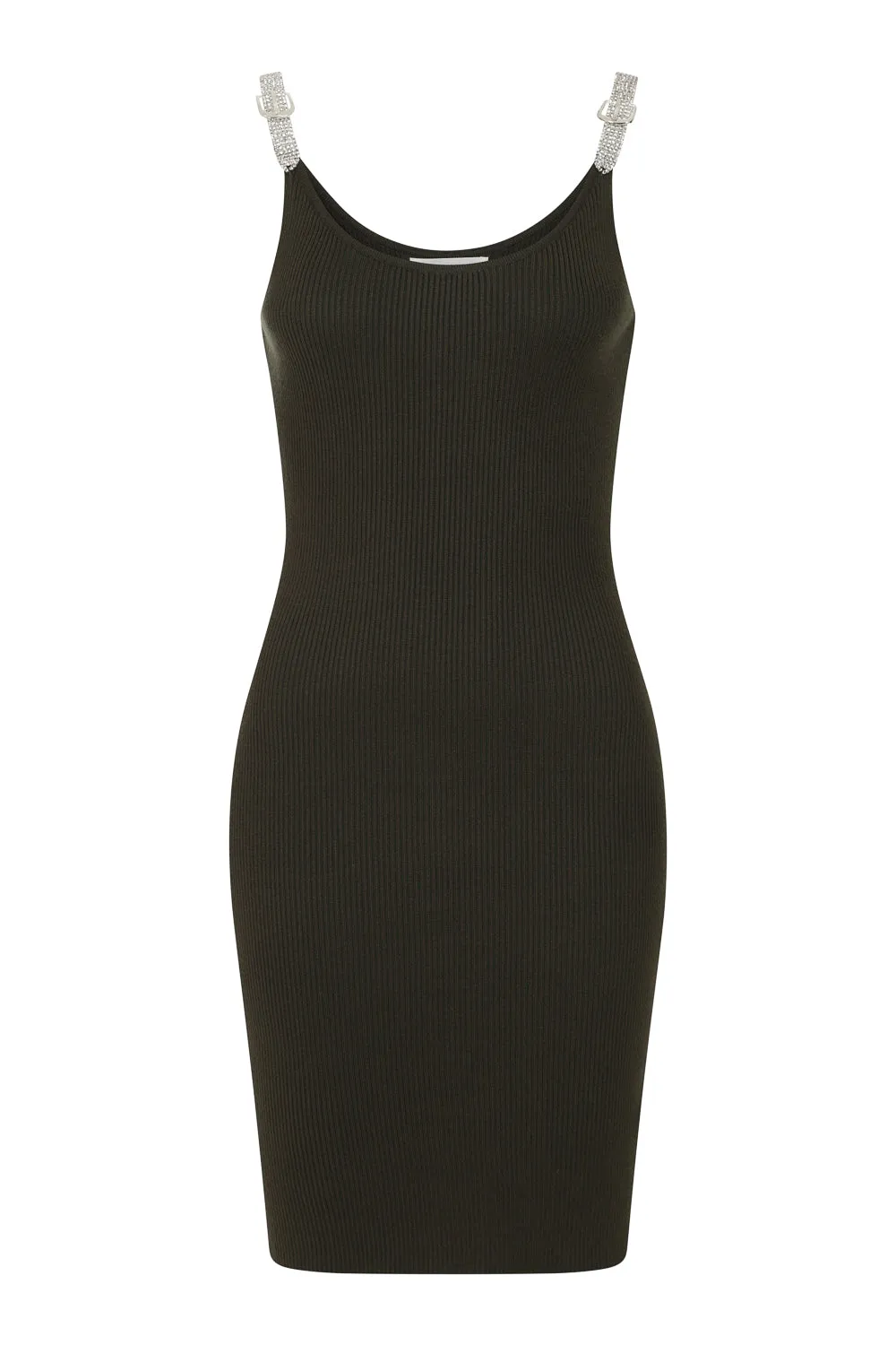 Angelina Khaki Diamante Strap Ribbed Knitted Pencil Midi Bodycon Dress