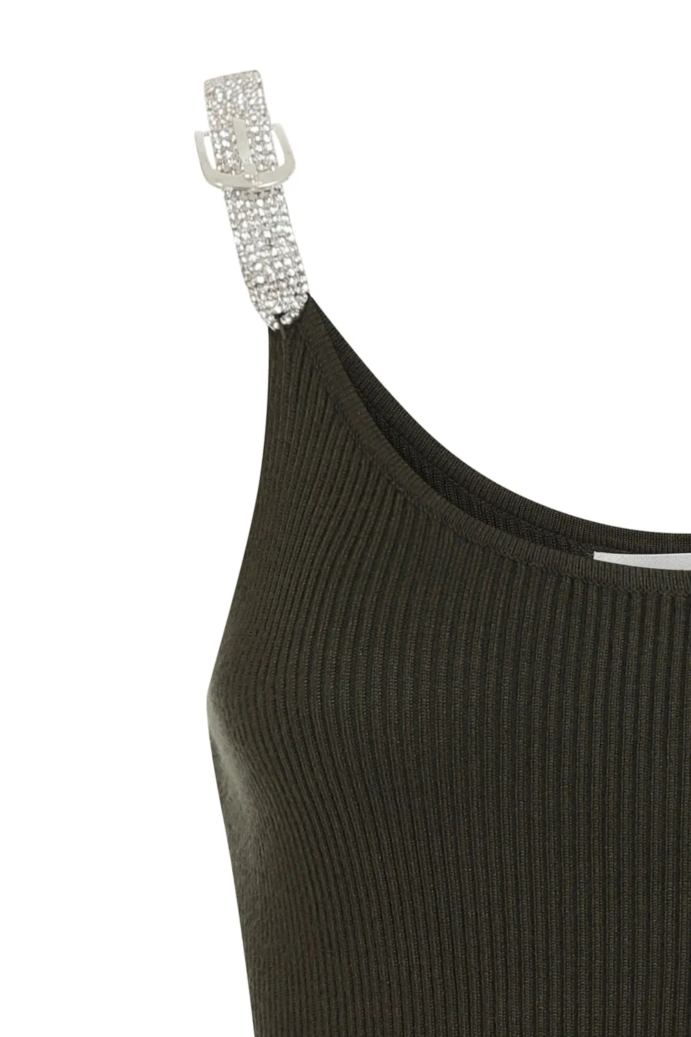 Angelina Khaki Diamante Strap Ribbed Knitted Pencil Midi Bodycon Dress