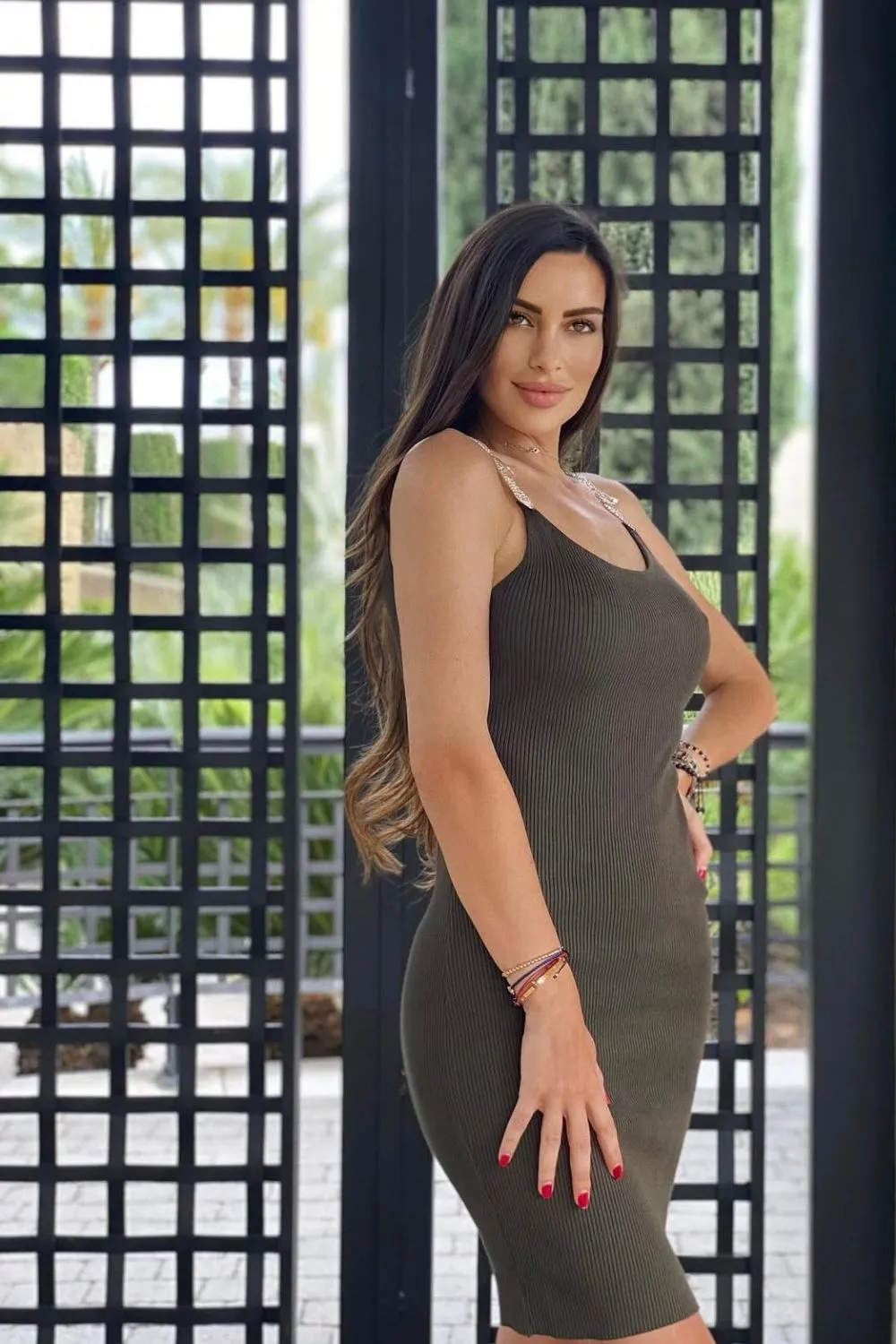 Angelina Khaki Diamante Strap Ribbed Knitted Pencil Midi Bodycon Dress