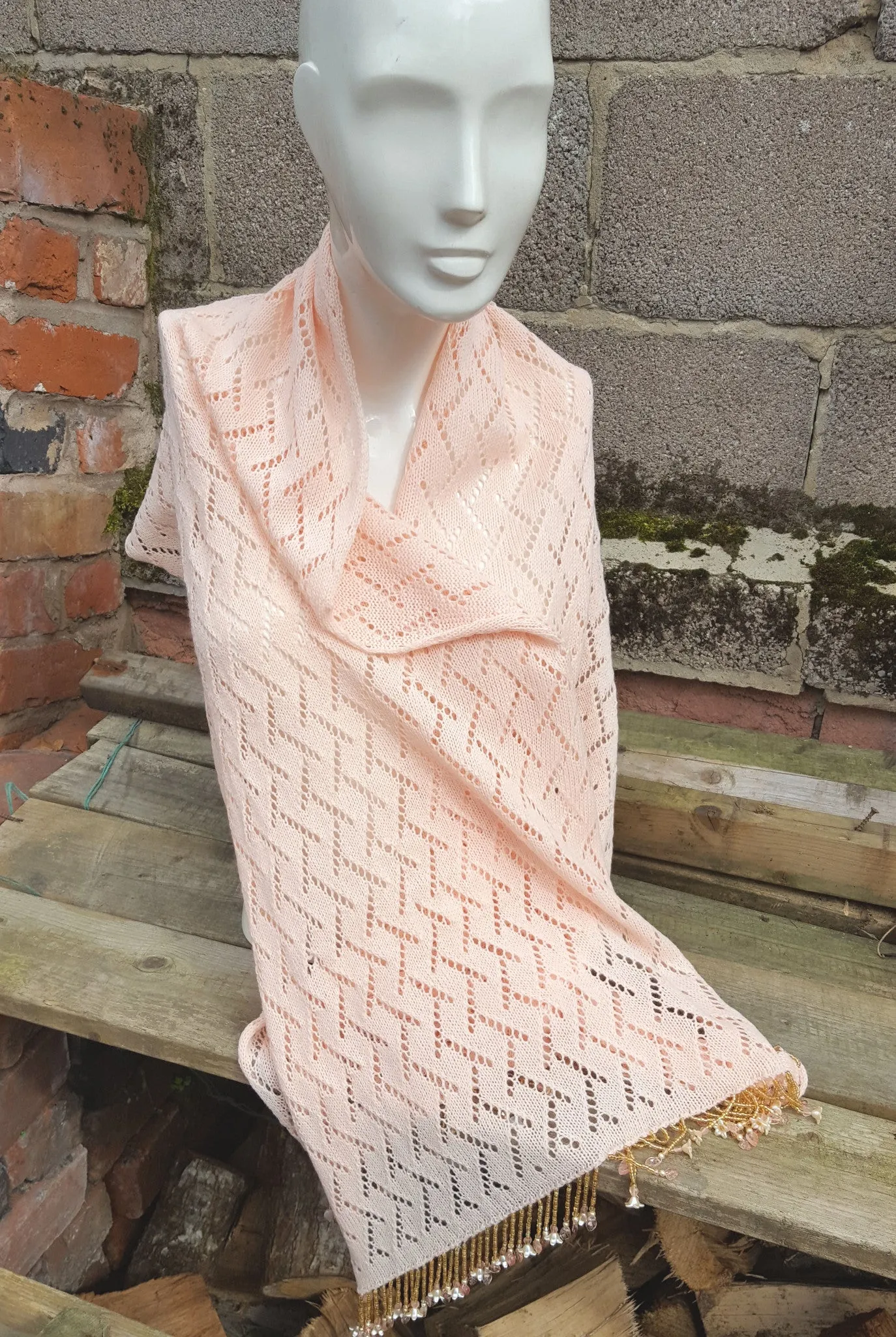 Apricot lace knit pashmina, shawl, wrap. cruise wear.