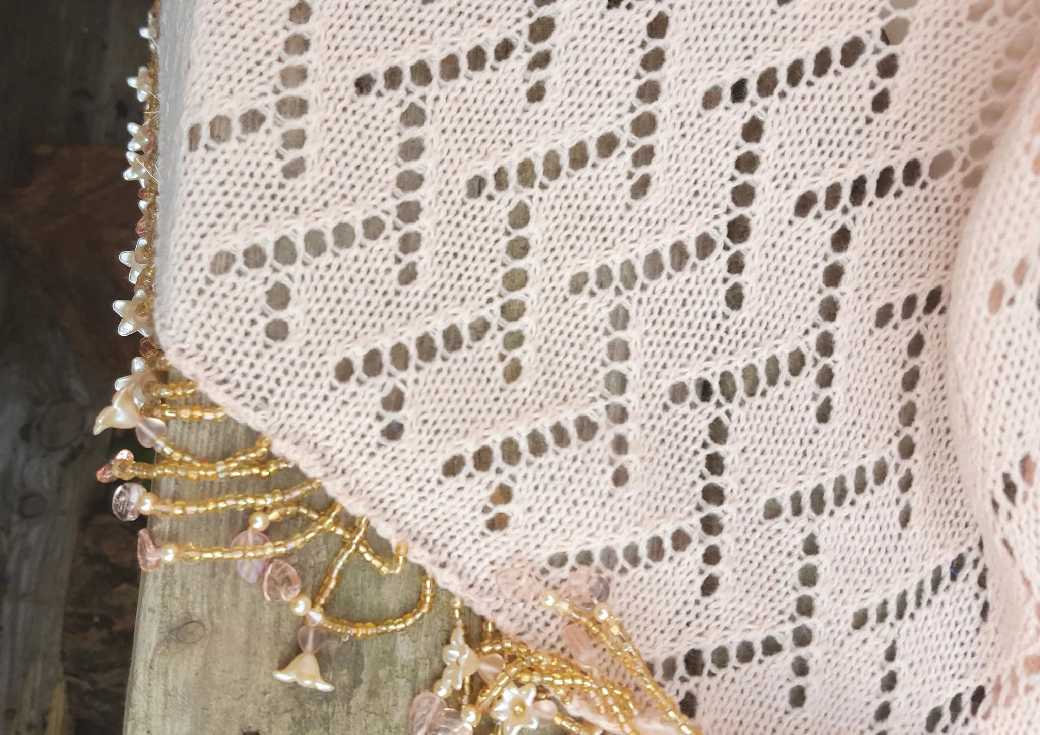 Apricot lace knit pashmina, shawl, wrap. cruise wear.