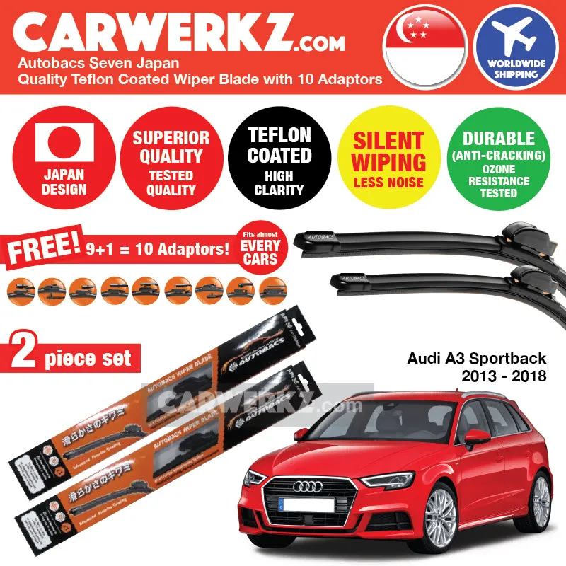 Autobacs Seven Japan Teflon Coated Flex Aerodynamic Wiper Blade with 10 Adaptors for Audi A3 S3 Sportback 2013-2018 (26 inch   19 inch)
