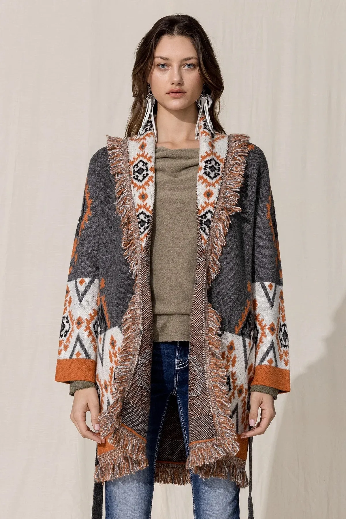 Aztec Weaved Belted Cardigan