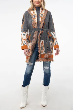 Aztec Weaved Belted Cardigan