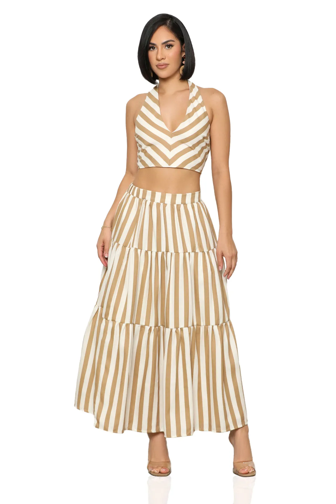 Beach Flow Stripe Skirt Set (Tan Multi)