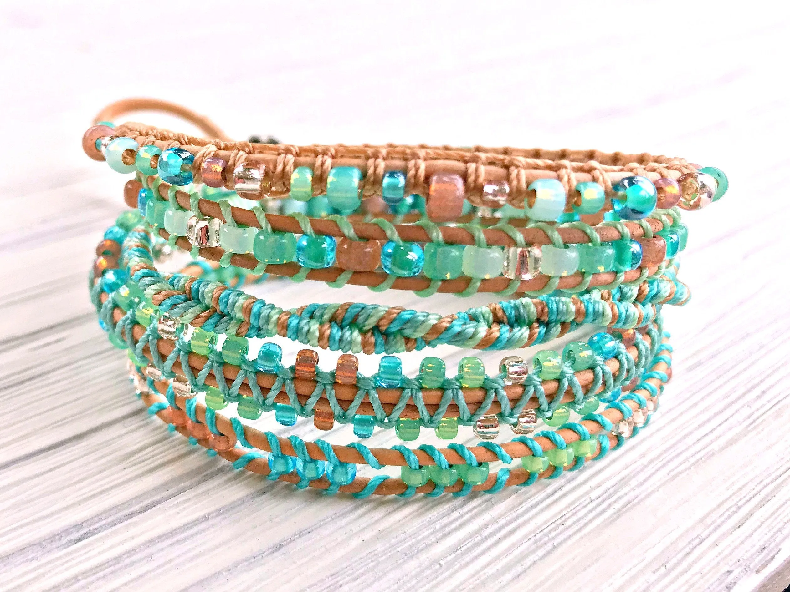 Beachy Boho Beaded Leather Macrame 5x Wrap Bracelet