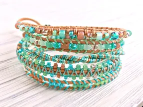Beachy Boho Beaded Leather Macrame 5x Wrap Bracelet