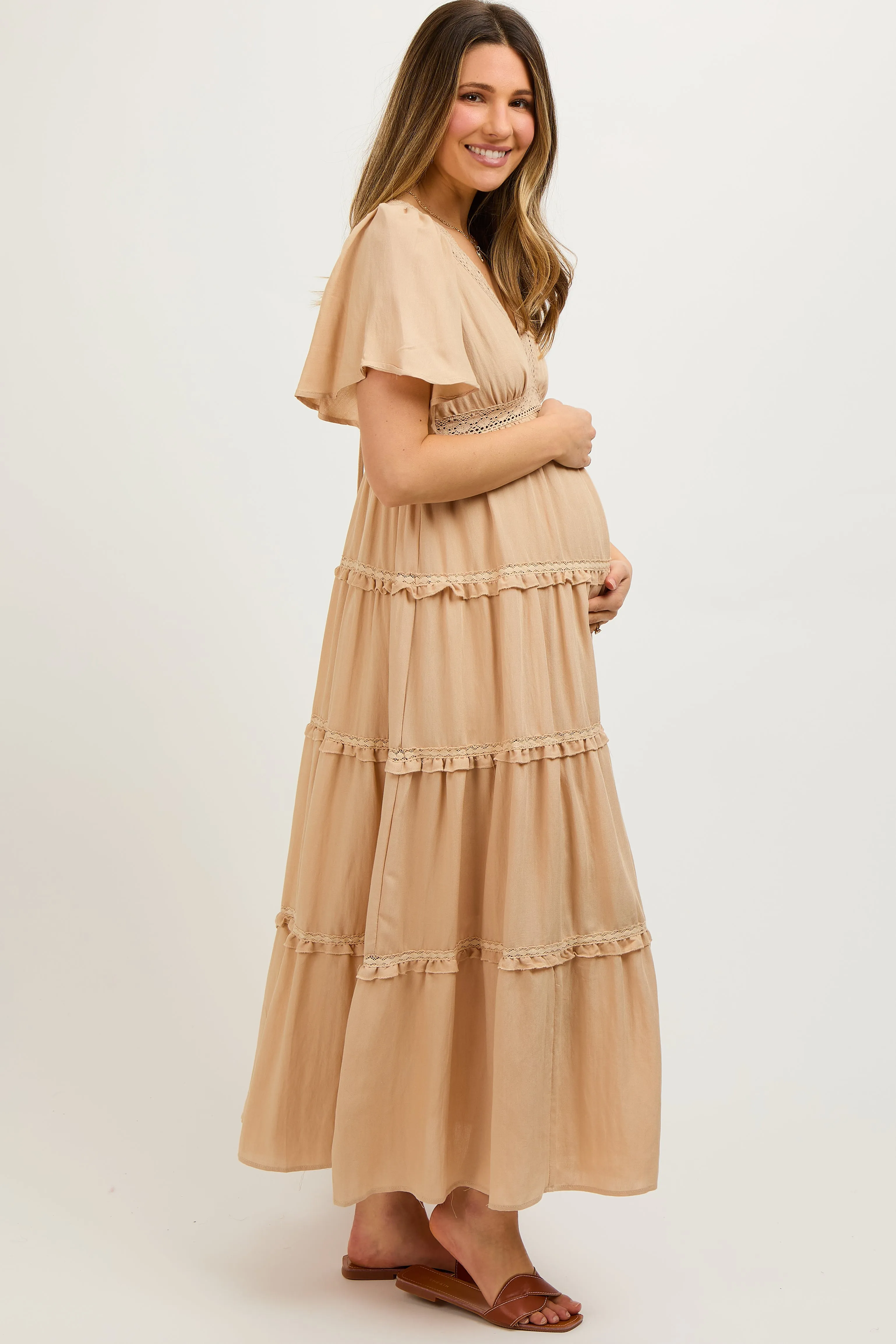 Beige Crochet Lace Tiered Maternity Maxi Dress