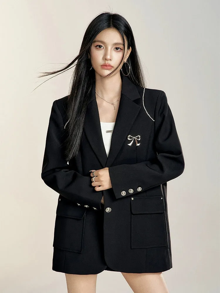 Black & Khaki Suit Collar Bow-tie Blazer