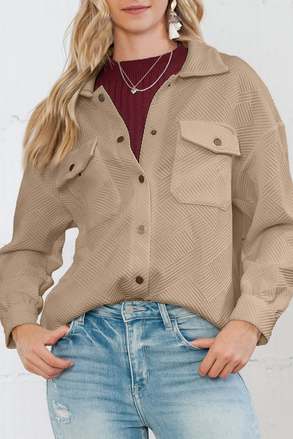 Black Solid Textured Flap Pocket Buttoned Shacket