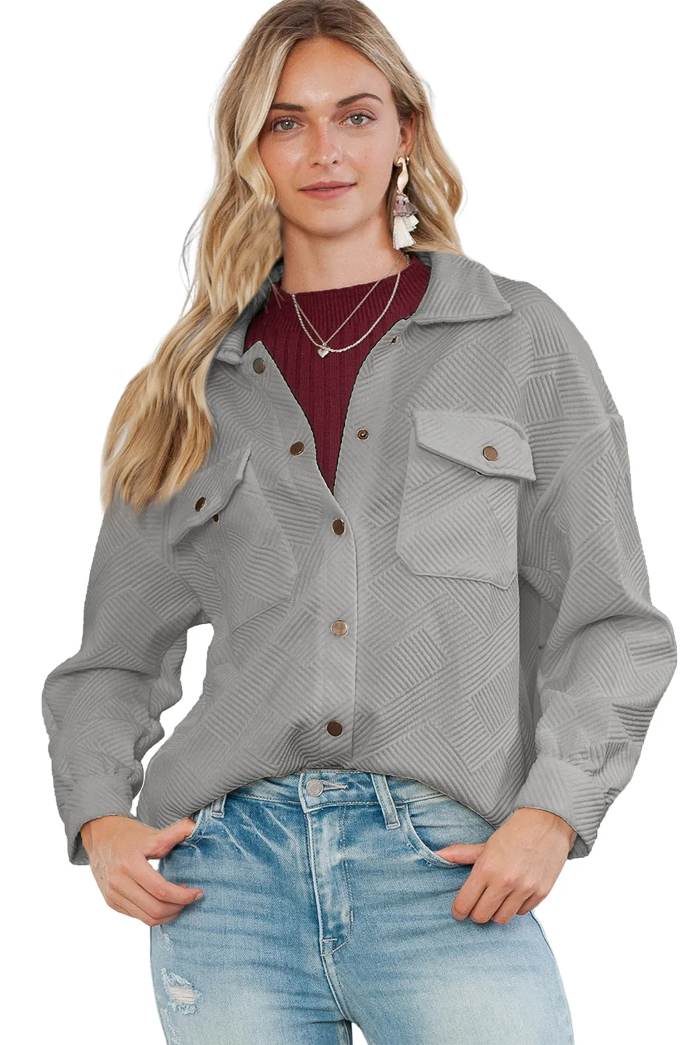 Black Solid Textured Flap Pocket Buttoned Shacket