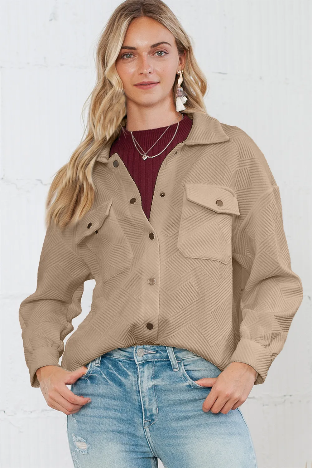 Black Solid Textured Flap Pocket Buttoned Shacket