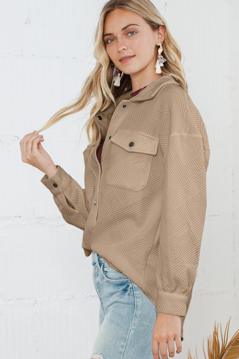 Black Solid Textured Flap Pocket Buttoned Shacket