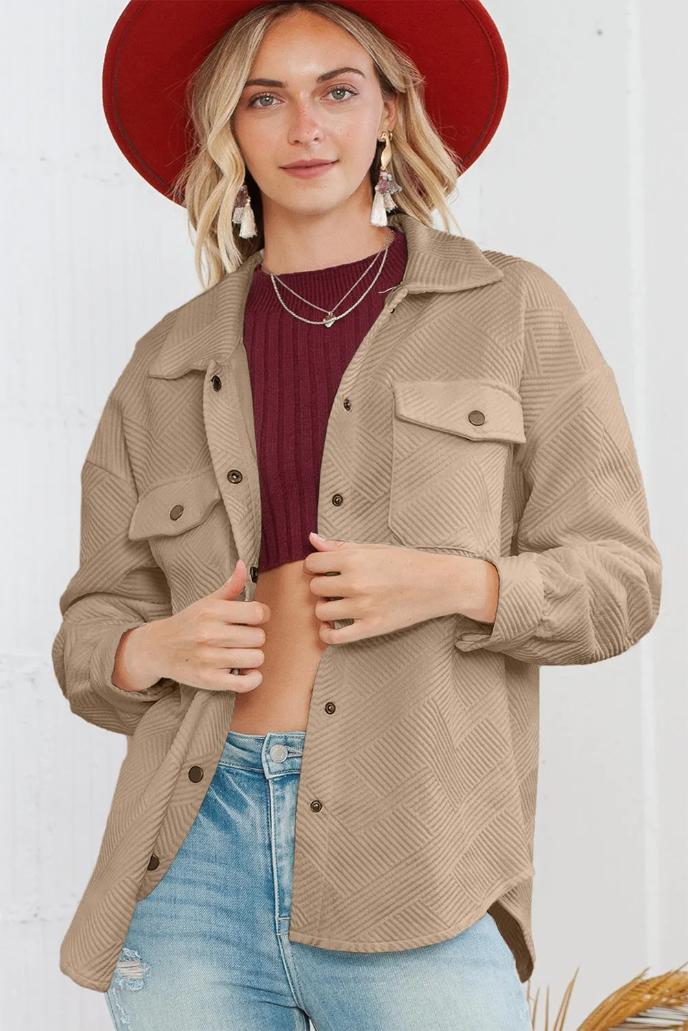 Black Solid Textured Flap Pocket Buttoned Shacket
