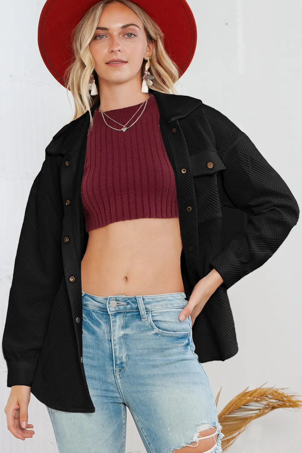 Black Solid Textured Flap Pocket Buttoned Shacket