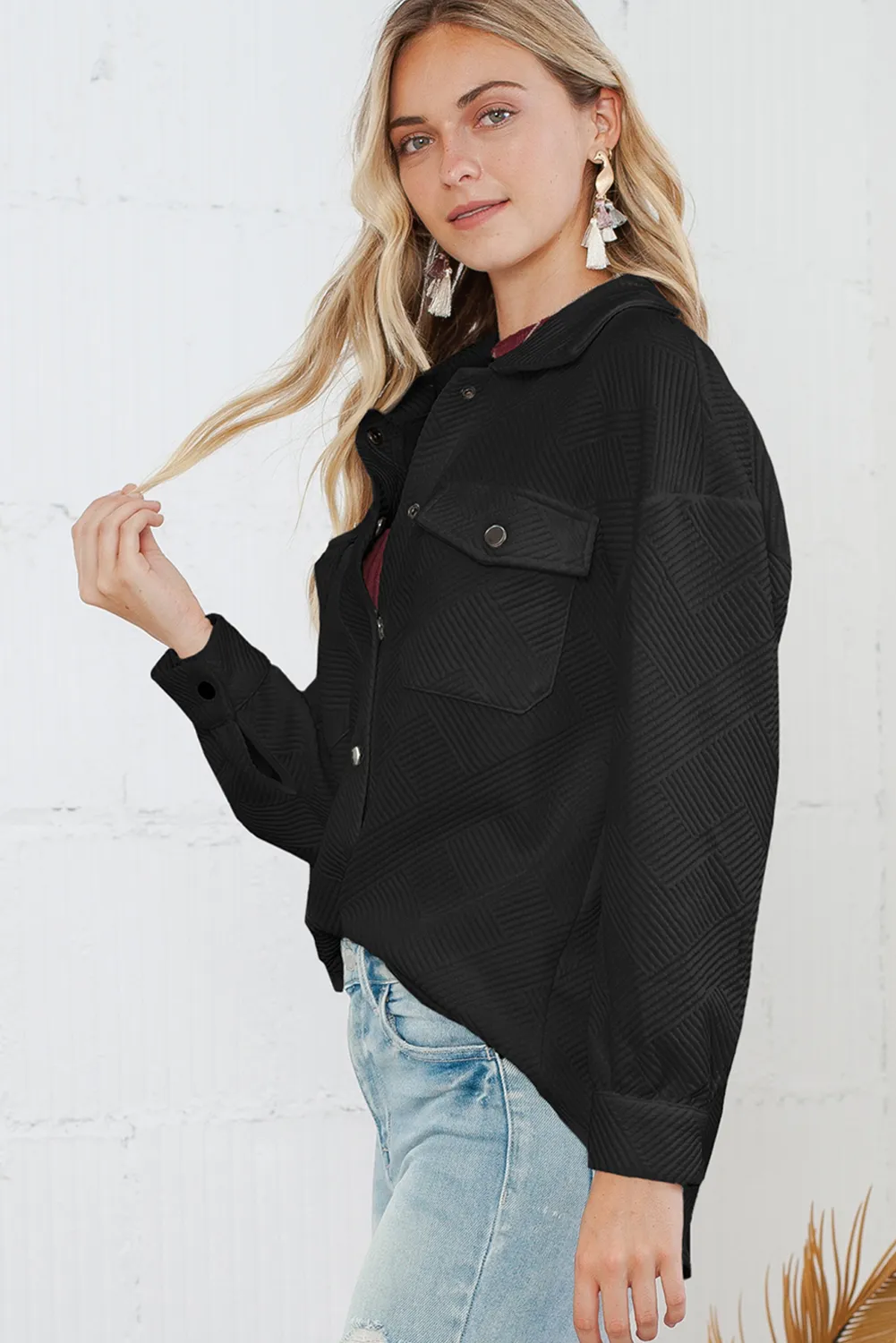 Black Solid Textured Flap Pocket Buttoned Shacket