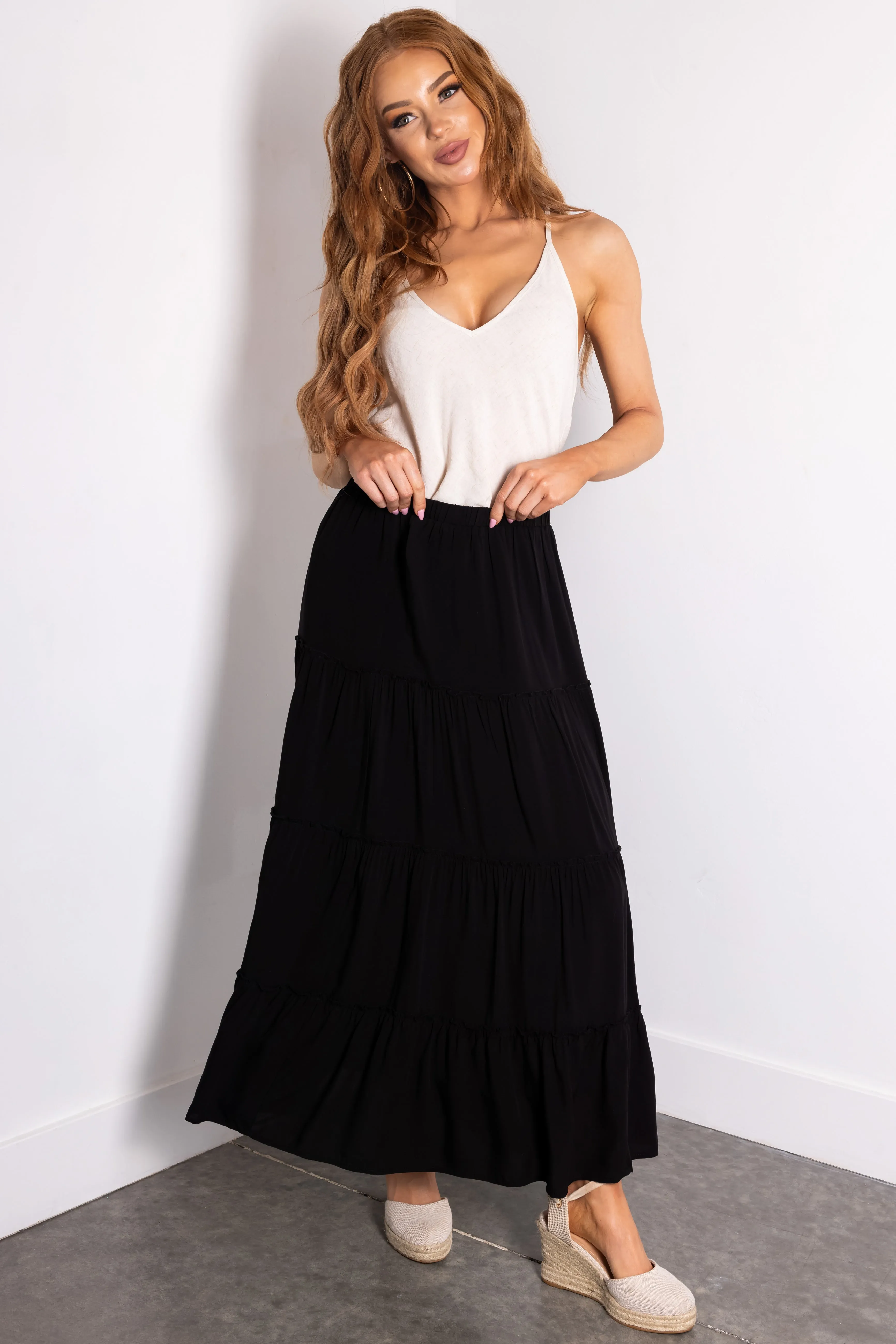Black Tiered Elastic Waist Woven Maxi Skirt