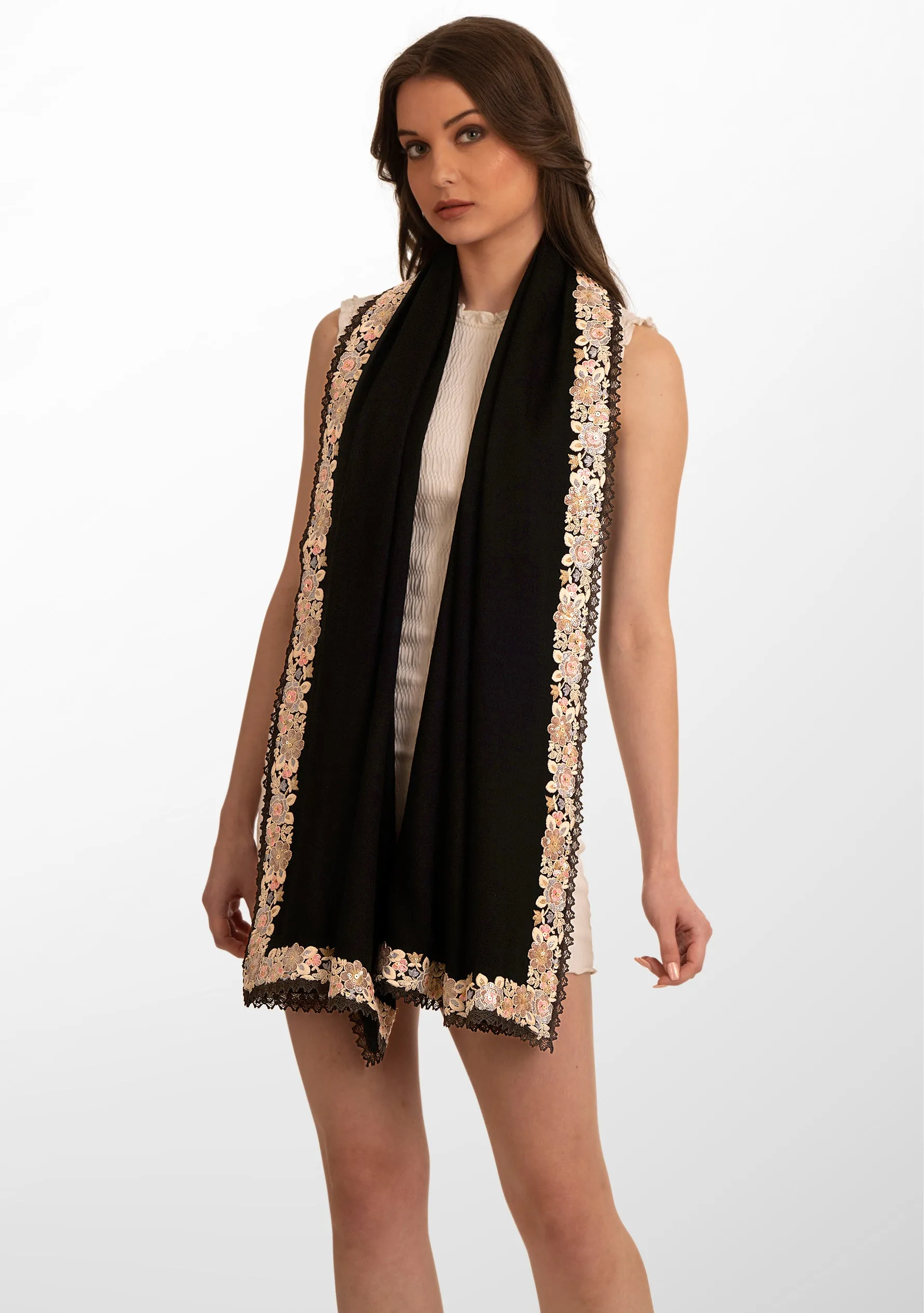 Black Wool and Silk Scarf with Multicolor Embroidery Applique and Black Lace Border