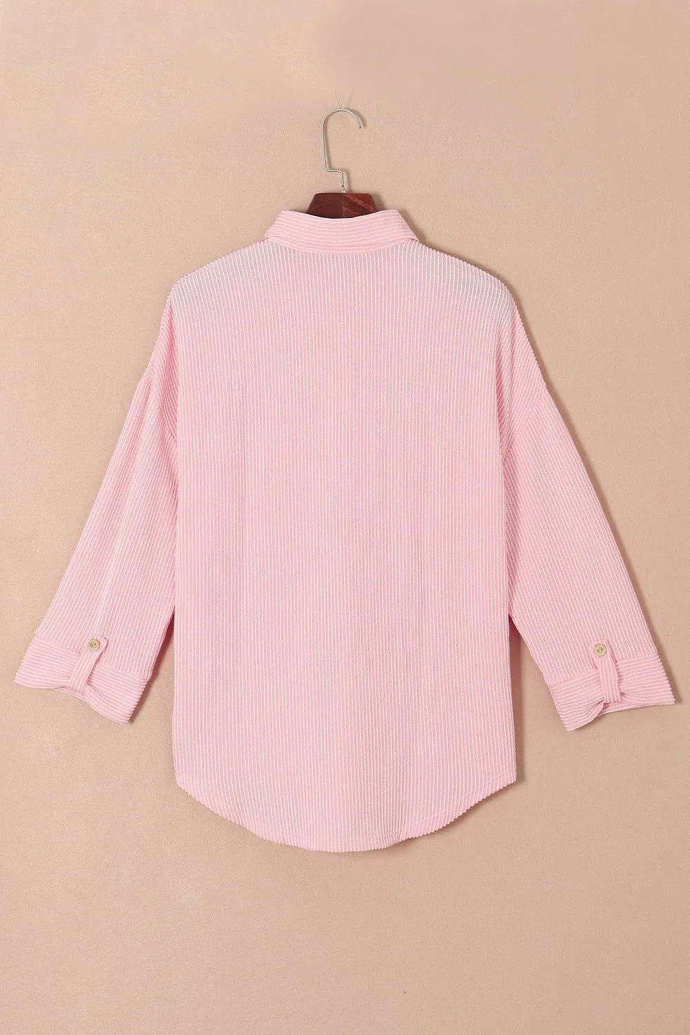 Blue Solid Color Roll Tab Sleeve Button Up Shirt Shacket