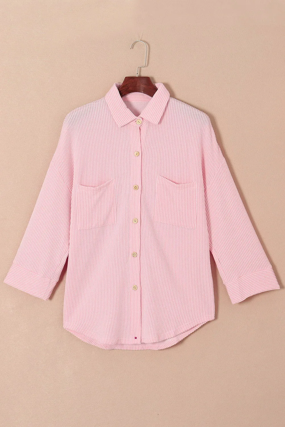 Blue Solid Color Roll Tab Sleeve Button Up Shirt Shacket