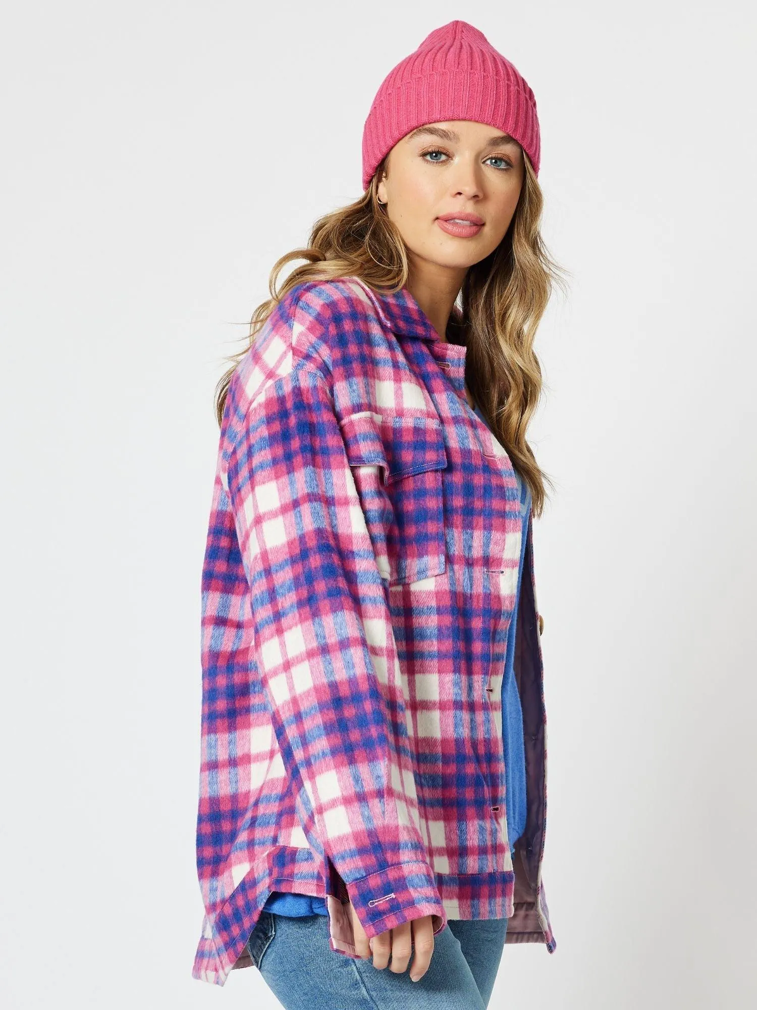 Brooklyn Check Melton Shacket - Pink