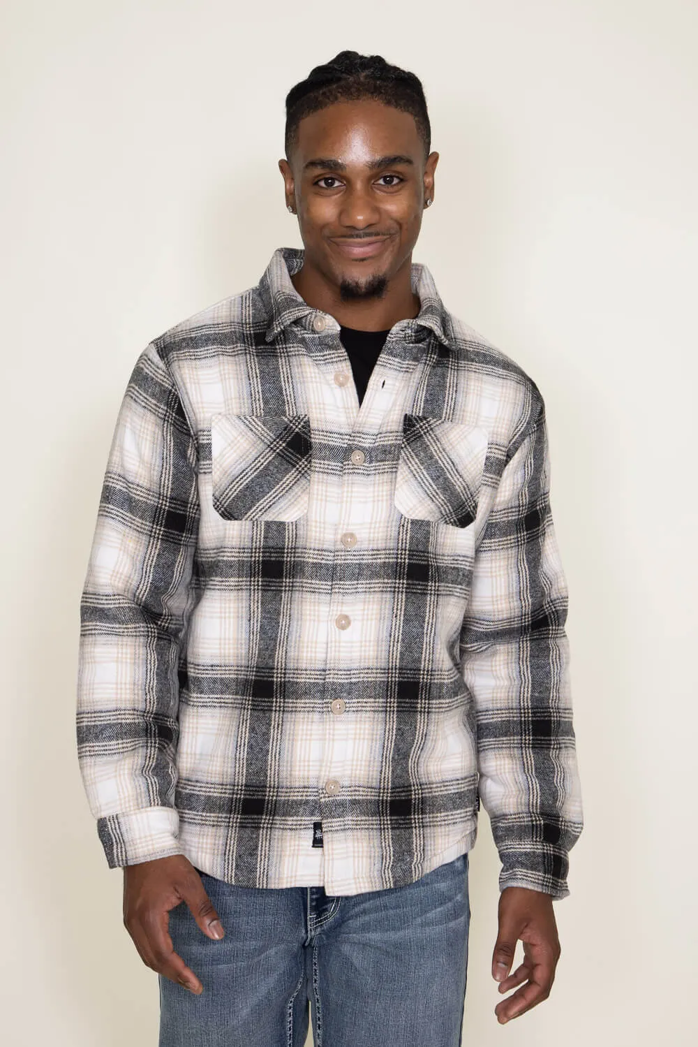 Brooklyn Cloth Sherpa Lined Flannel Shacket for Men in Cream | BKME262F-CRM