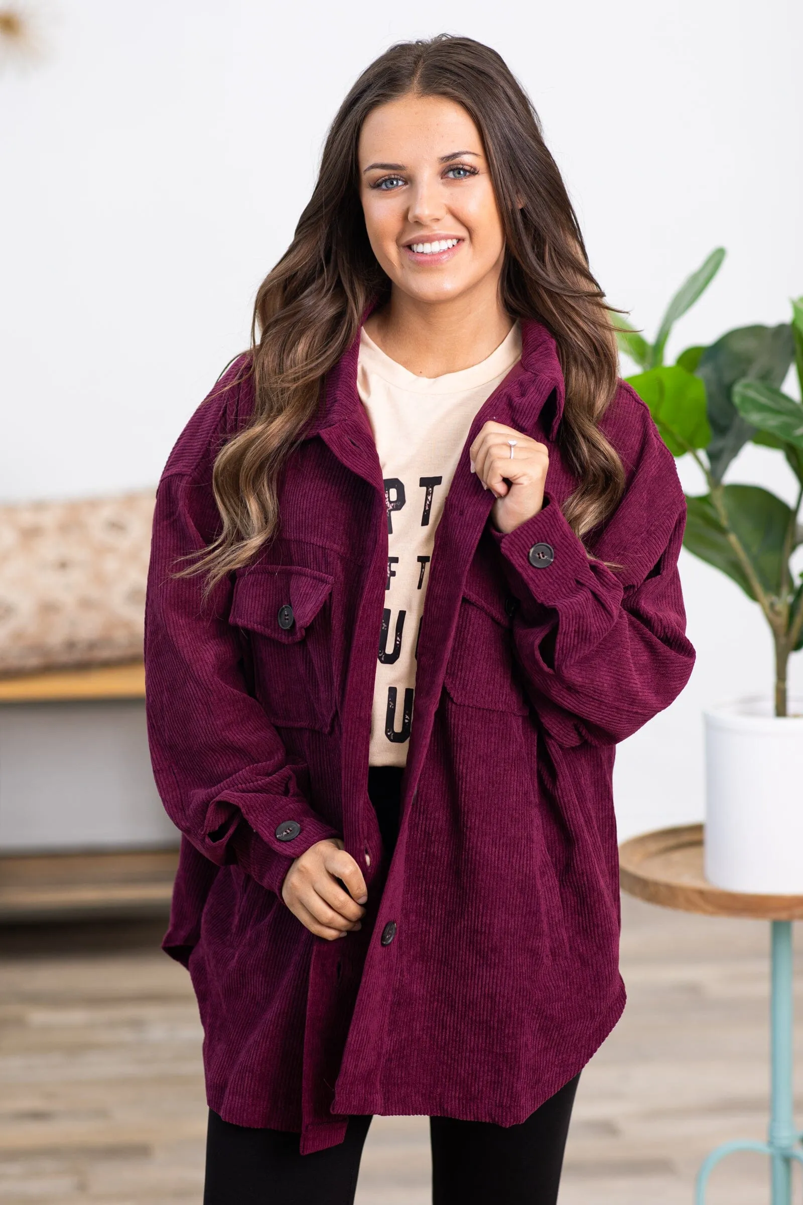 Burgundy Corduroy Boyfriend Fit Shacket