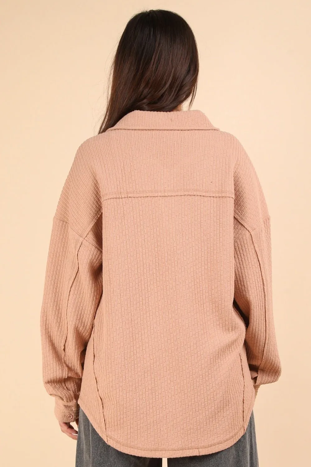 Button Down Textured Knit Shacket in Blush