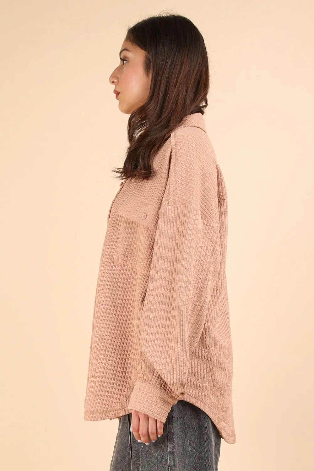 Button Down Textured Knit Shacket in Blush