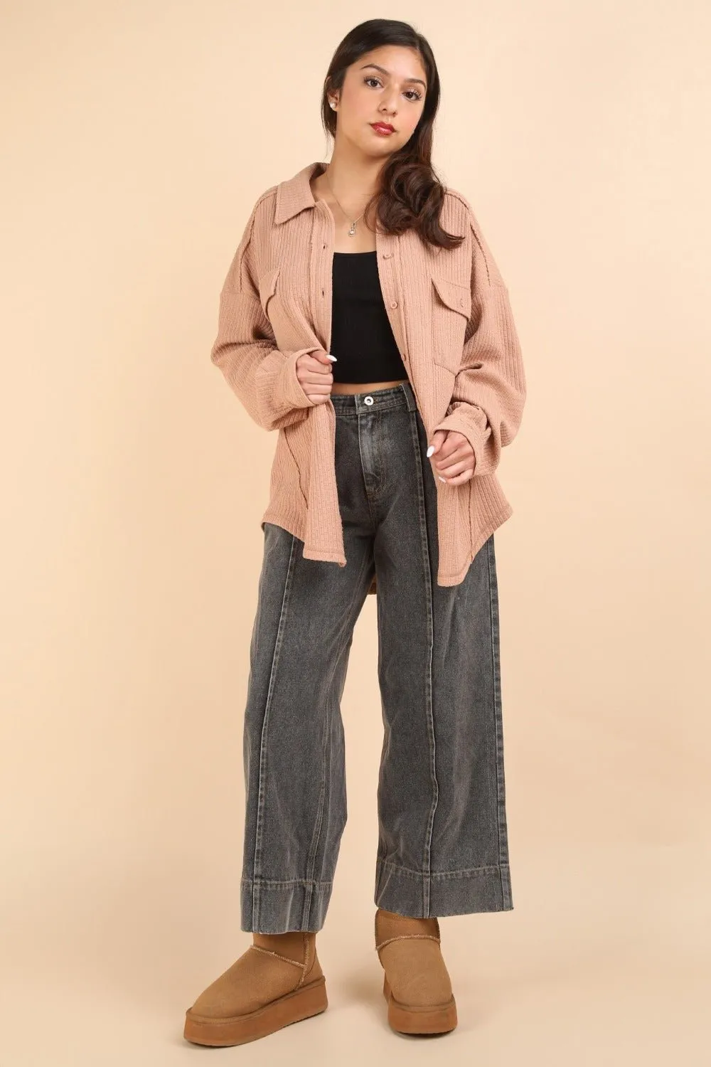 Button Down Textured Knit Shacket in Blush
