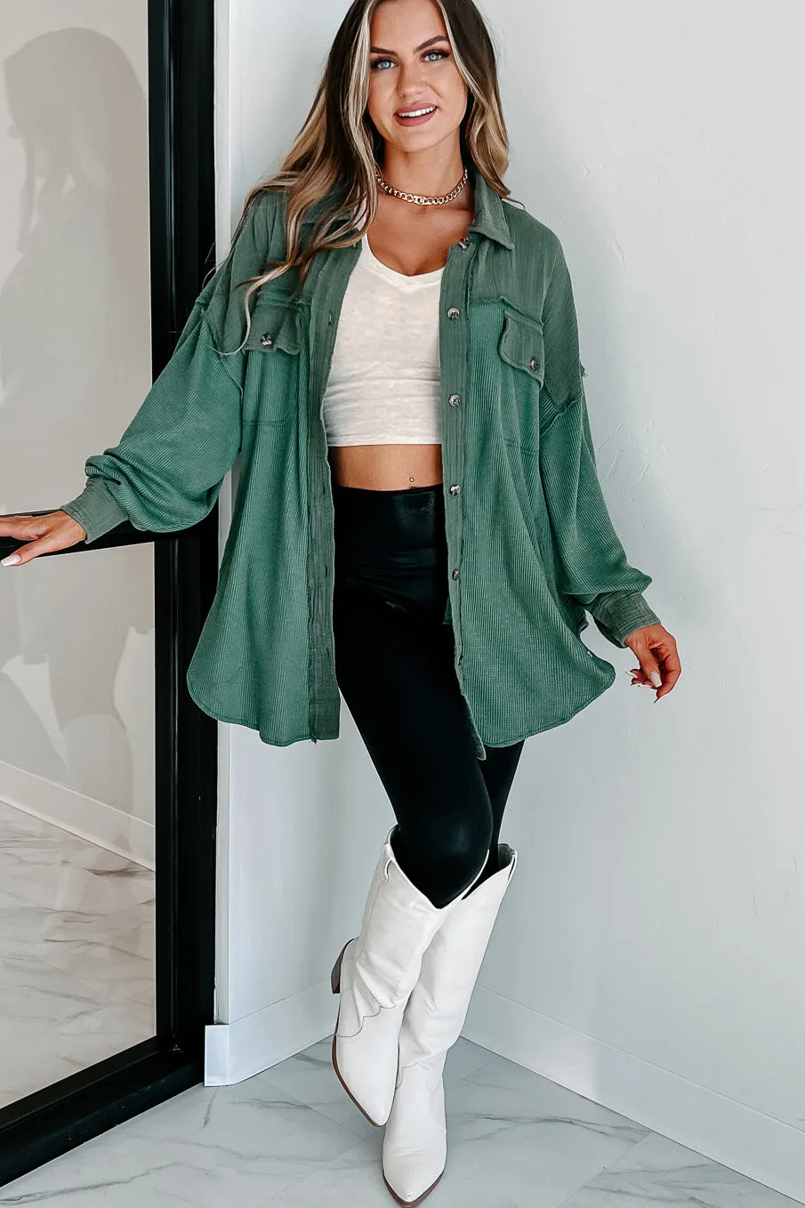 Check Your Attitude Oversized Mixed Fabric Shirt (Green)