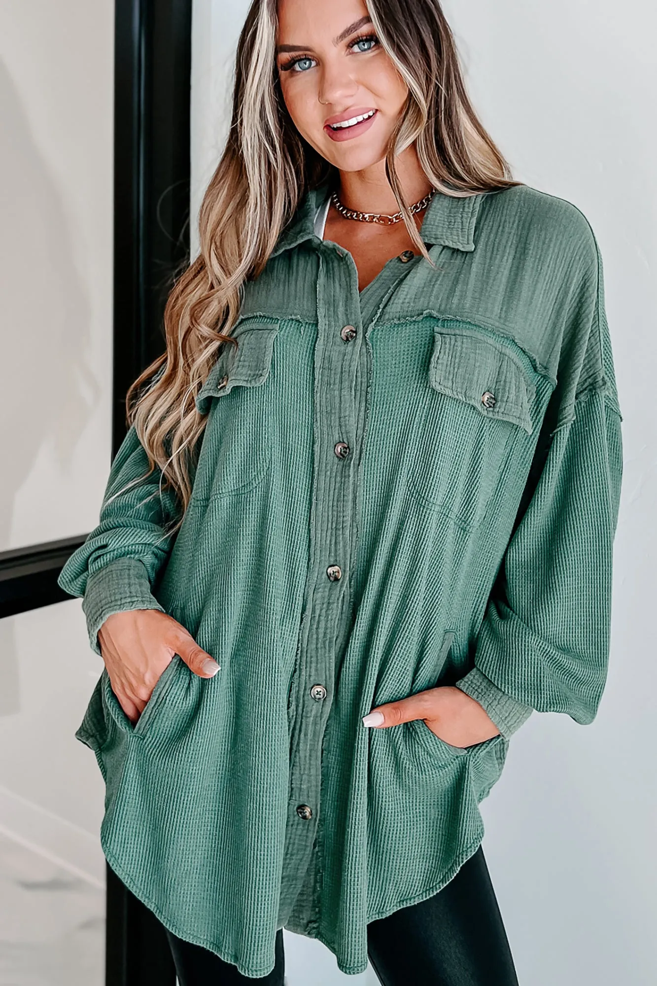 Check Your Attitude Oversized Mixed Fabric Shirt (Green)