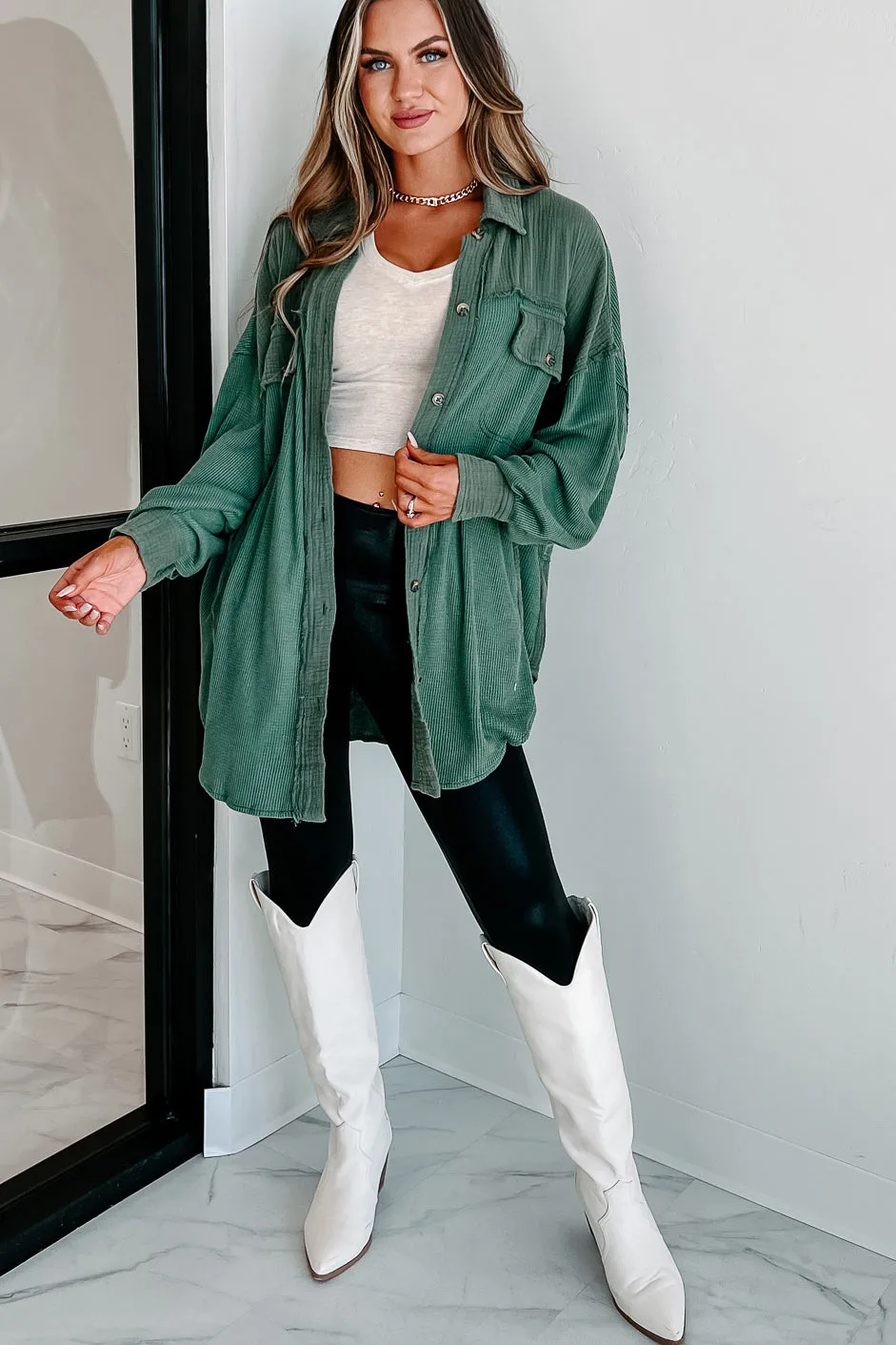 Check Your Attitude Oversized Mixed Fabric Shirt (Green)