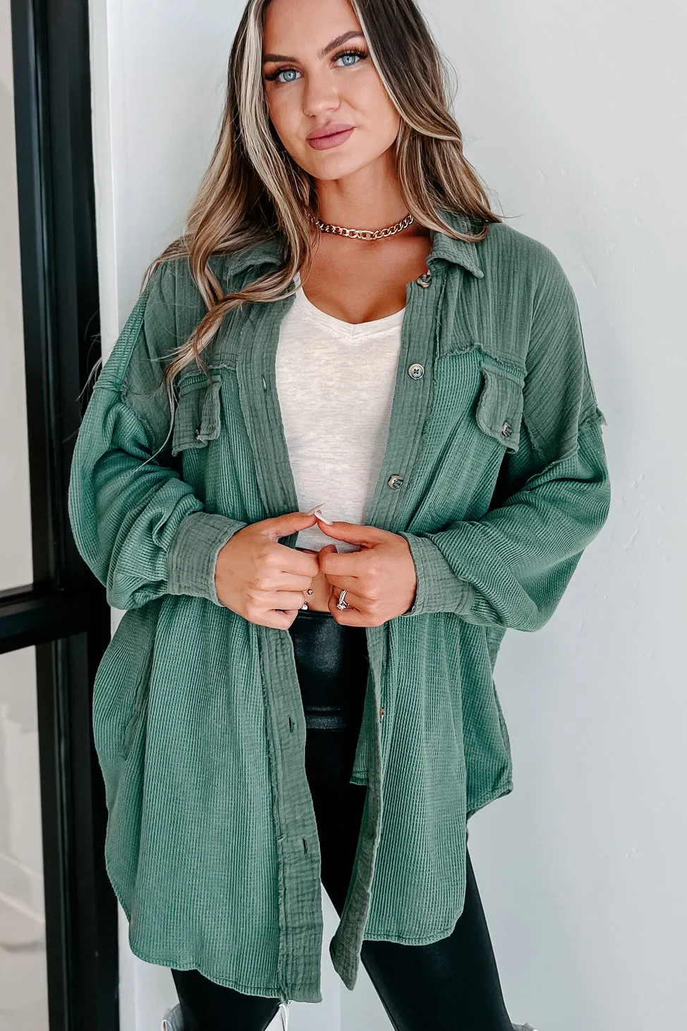 Check Your Attitude Oversized Mixed Fabric Shirt (Green)