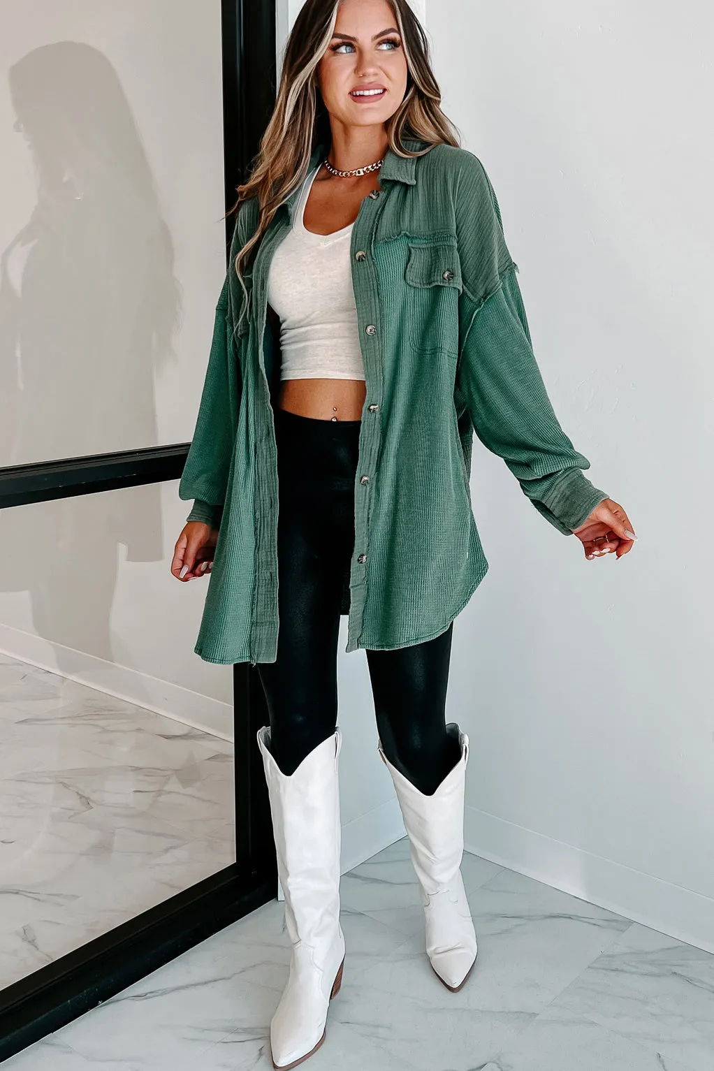 Check Your Attitude Oversized Mixed Fabric Shirt (Green)