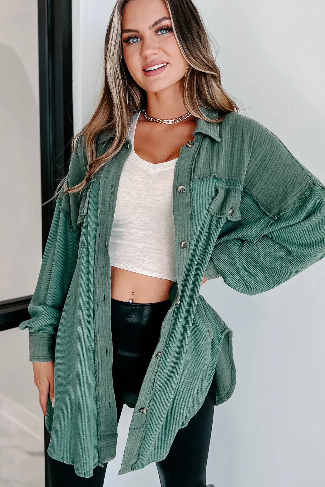Check Your Attitude Oversized Mixed Fabric Shirt (Green)