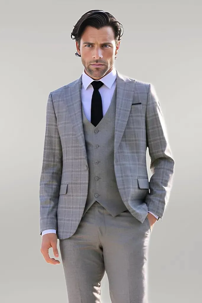 Checked Slim Fit Light Grey Men Suit - Wessi