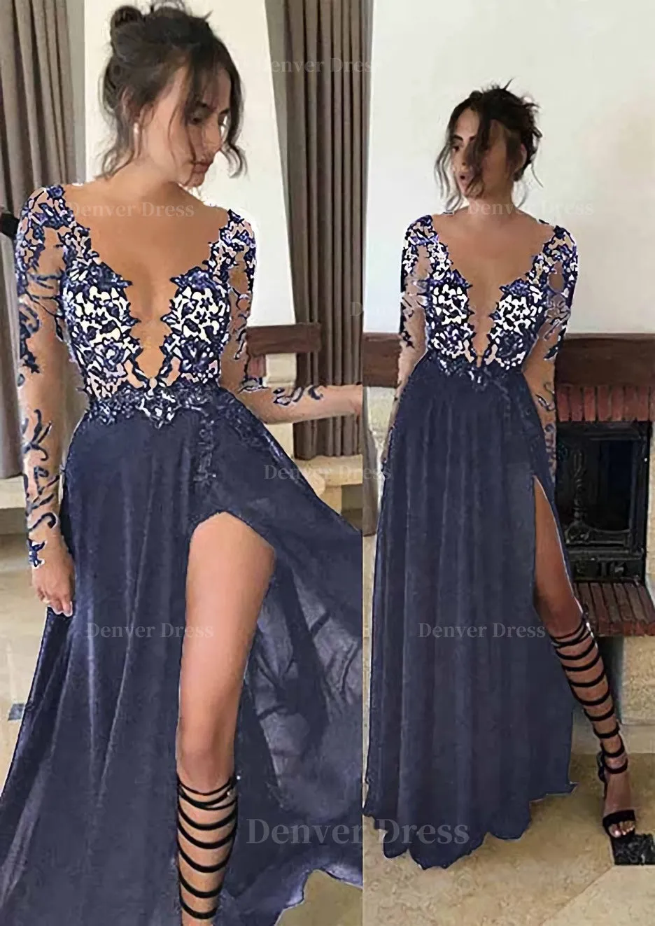 Chiffon Long/Floor-Length A-Line/Princess Full/Long Sleeve Bateau Zipper Up At Side Prom Dress With Appliqued