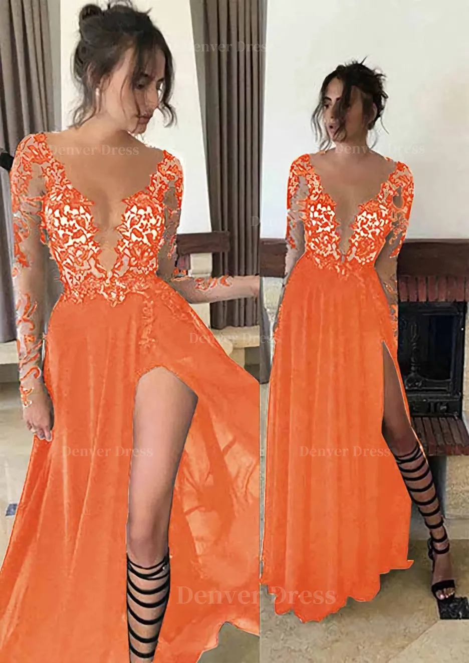 Chiffon Long/Floor-Length A-Line/Princess Full/Long Sleeve Bateau Zipper Up At Side Prom Dress With Appliqued