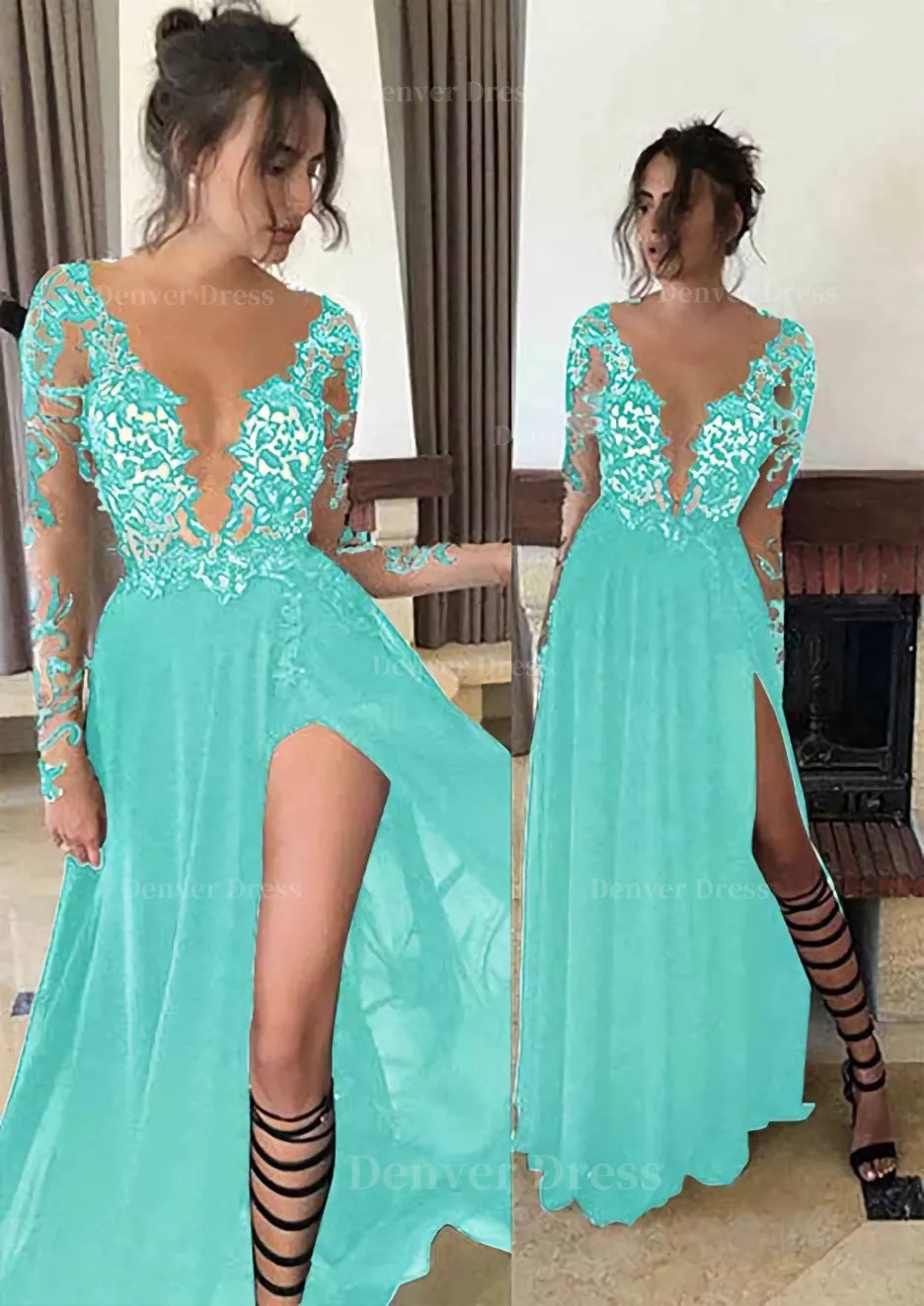 Chiffon Long/Floor-Length A-Line/Princess Full/Long Sleeve Bateau Zipper Up At Side Prom Dress With Appliqued