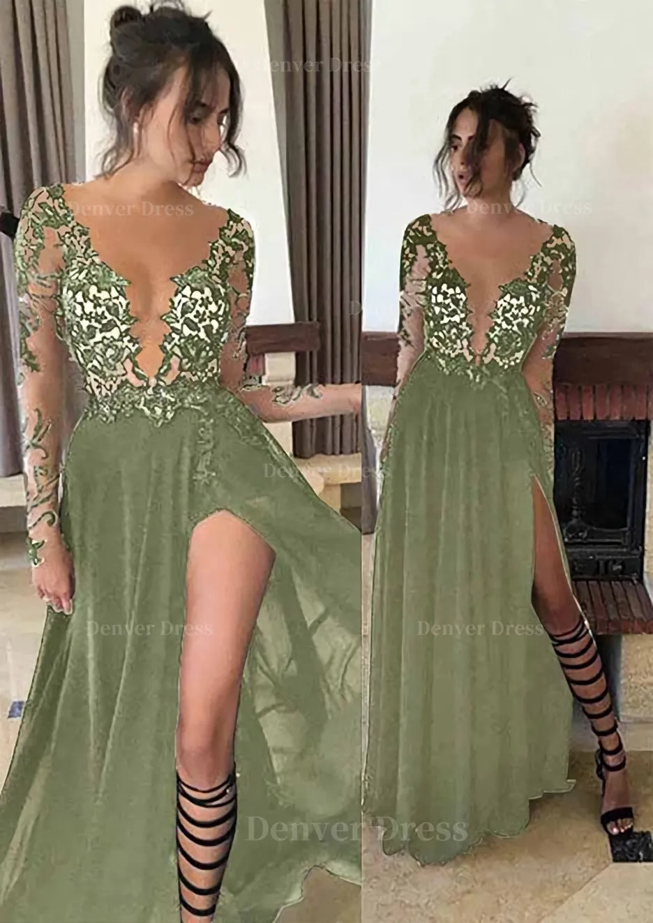 Chiffon Long/Floor-Length A-Line/Princess Full/Long Sleeve Bateau Zipper Up At Side Prom Dress With Appliqued