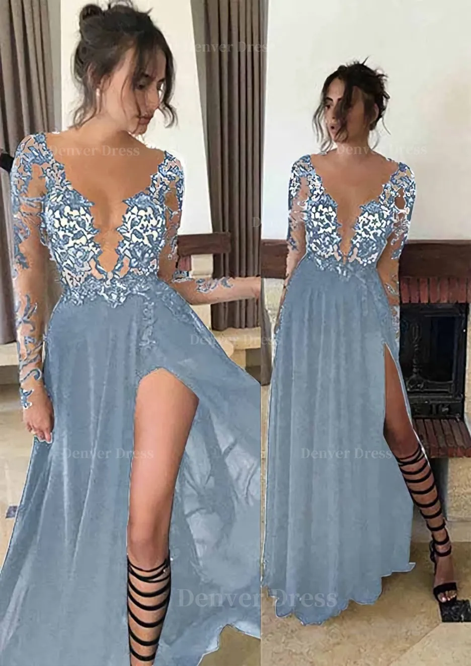 Chiffon Long/Floor-Length A-Line/Princess Full/Long Sleeve Bateau Zipper Up At Side Prom Dress With Appliqued