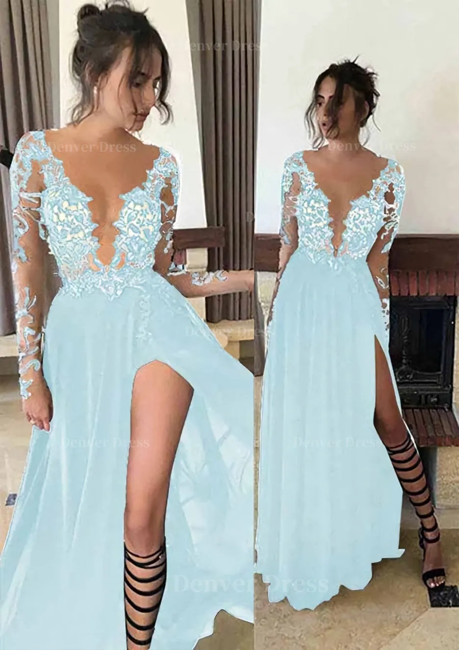 Chiffon Long/Floor-Length A-Line/Princess Full/Long Sleeve Bateau Zipper Up At Side Prom Dress With Appliqued